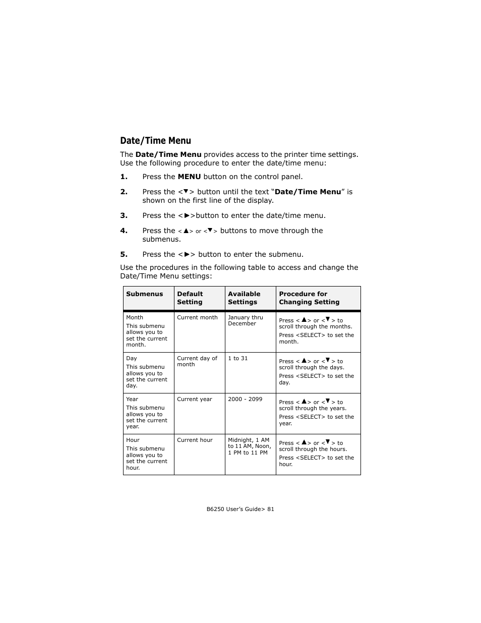 Date/time menu | Oki B6250 User Manual | Page 81 / 136