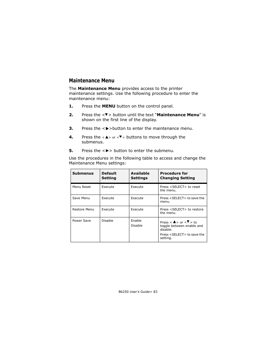 Maintenance menu | Oki B6250 User Manual | Page 83 / 136