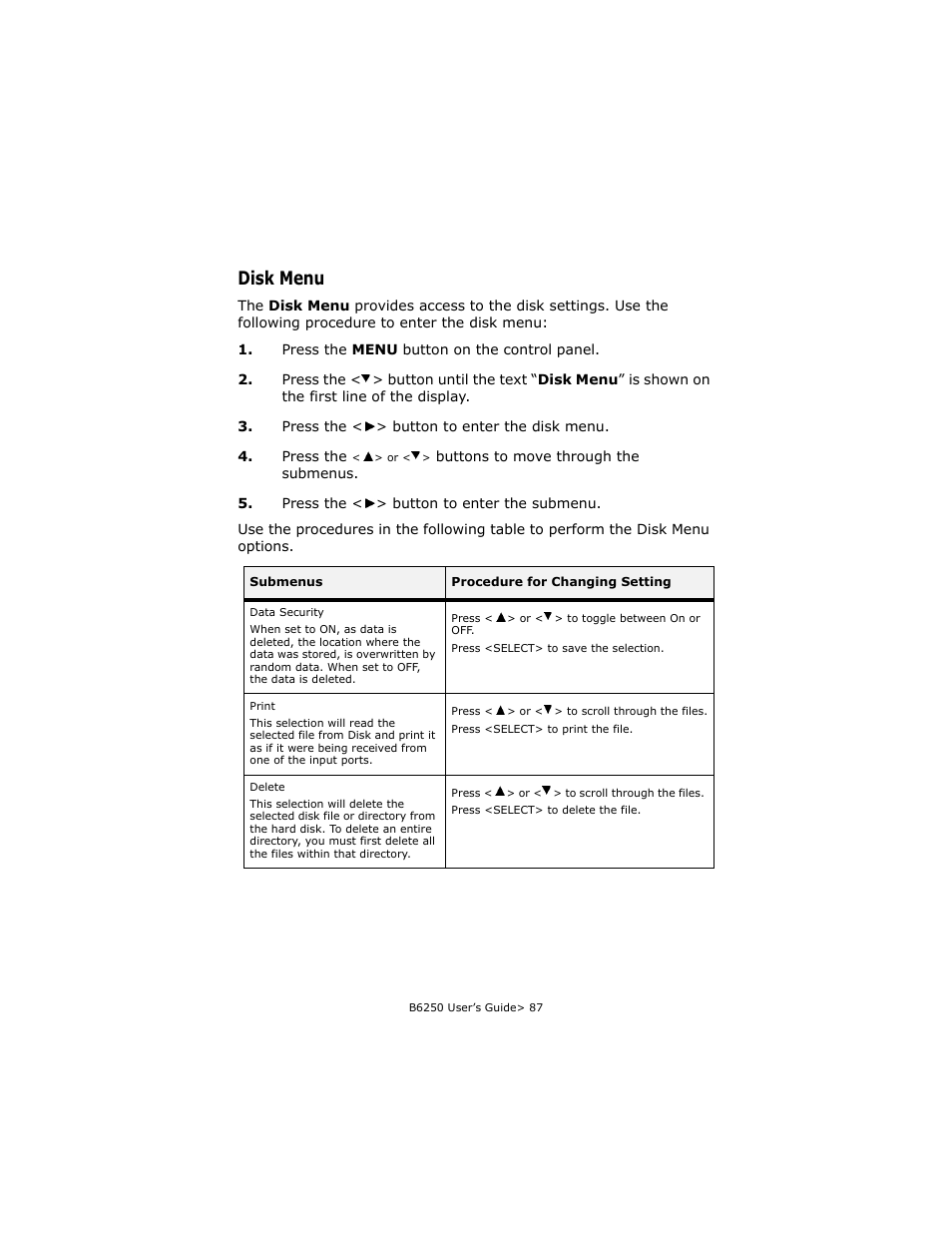 Disk menu | Oki B6250 User Manual | Page 87 / 136