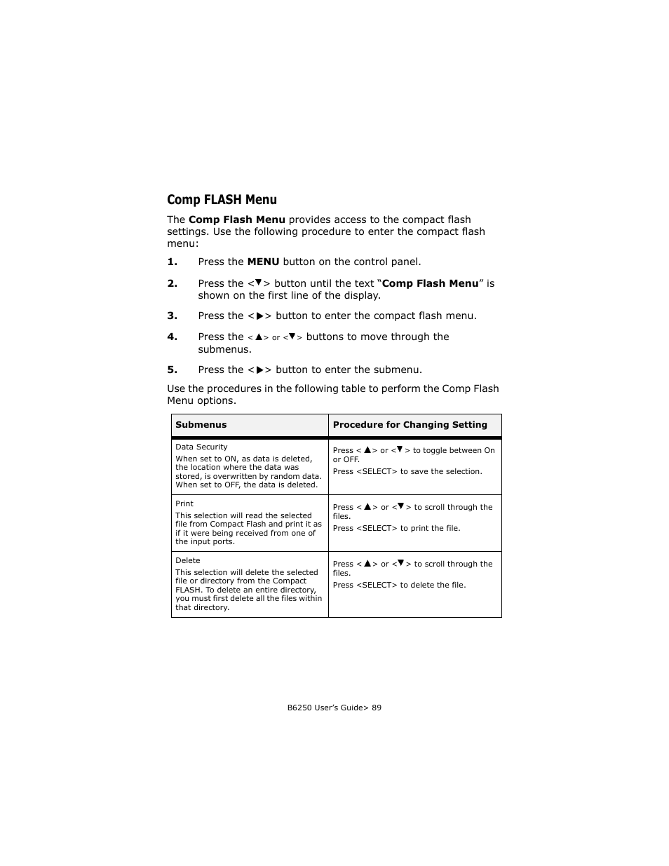 Comp flash menu | Oki B6250 User Manual | Page 89 / 136