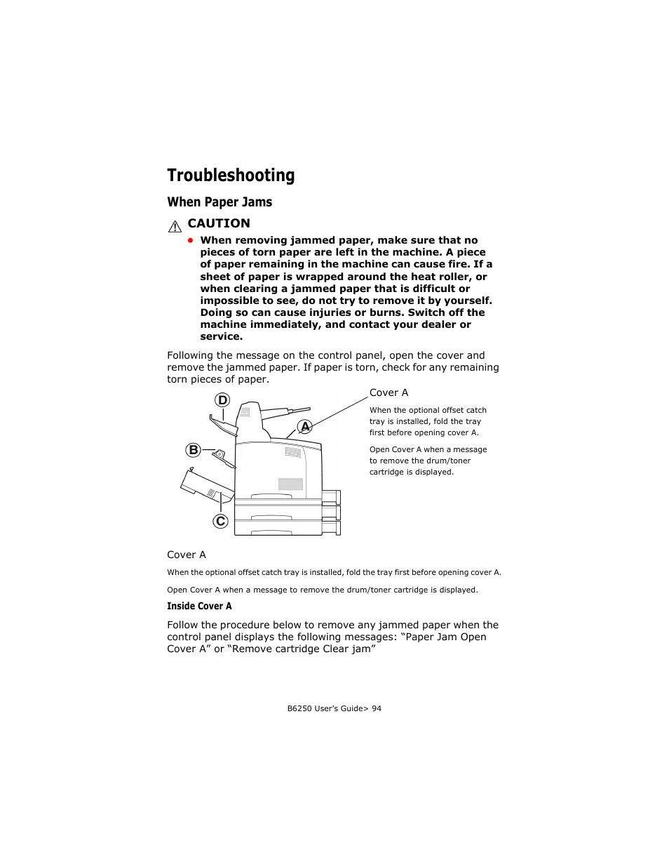 Troubleshooting, When paper jams, Inside cover a | Oki B6250 User Manual | Page 94 / 136