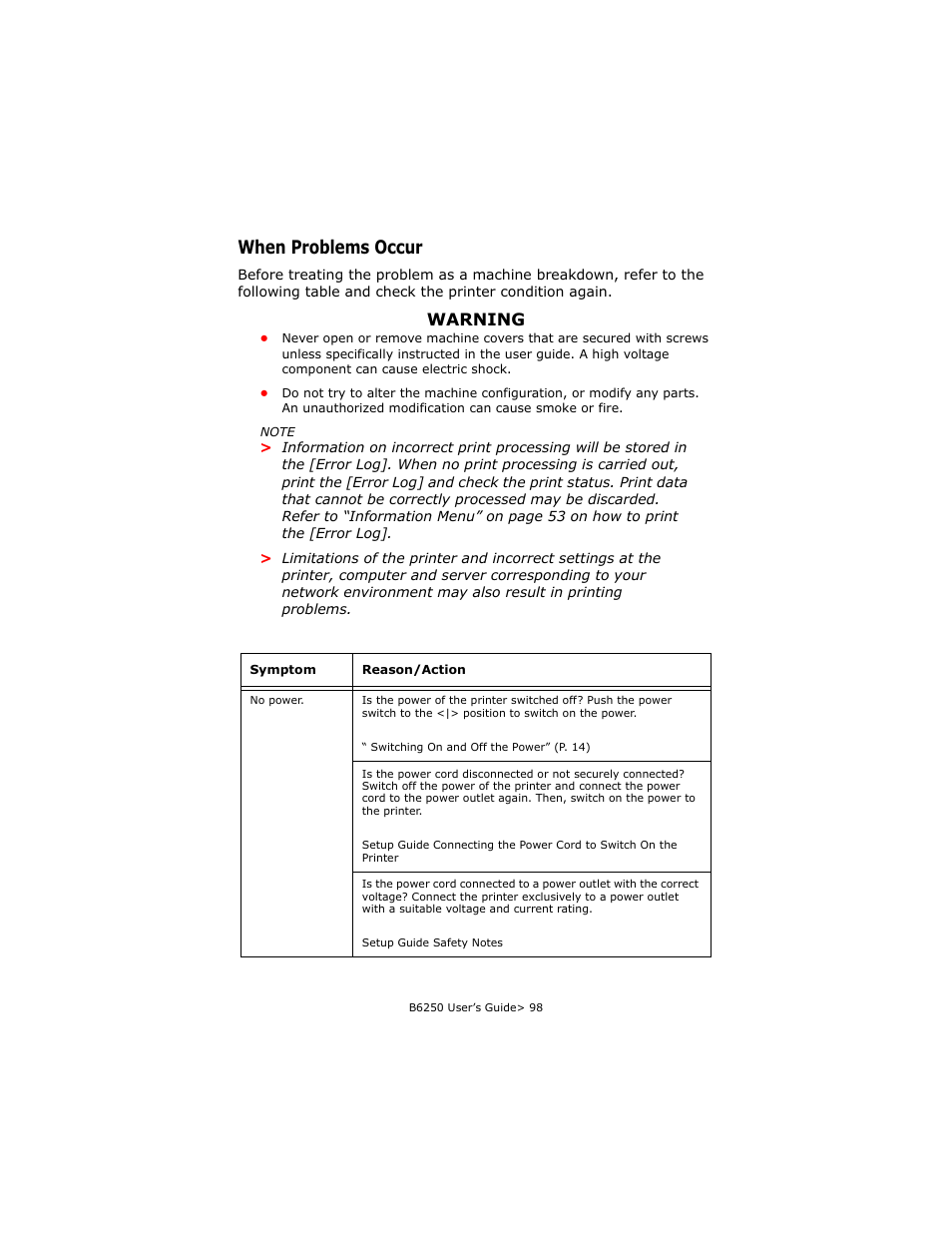 When problems occur, Warning | Oki B6250 User Manual | Page 98 / 136