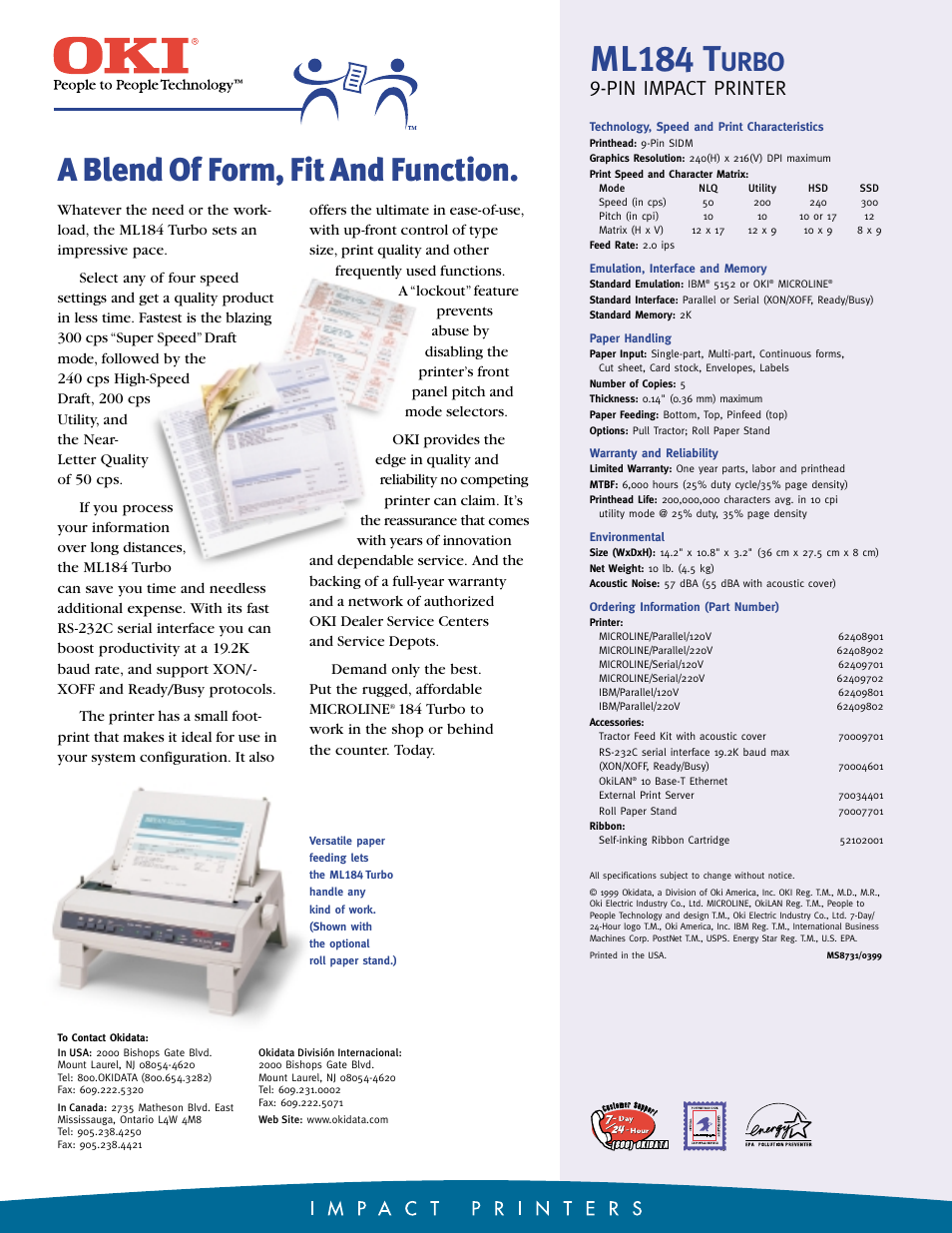 Ml184 t, A blend of form, fit and function, Urbo | Pin impact printer | Oki Turbo ML184 User Manual | Page 2 / 2