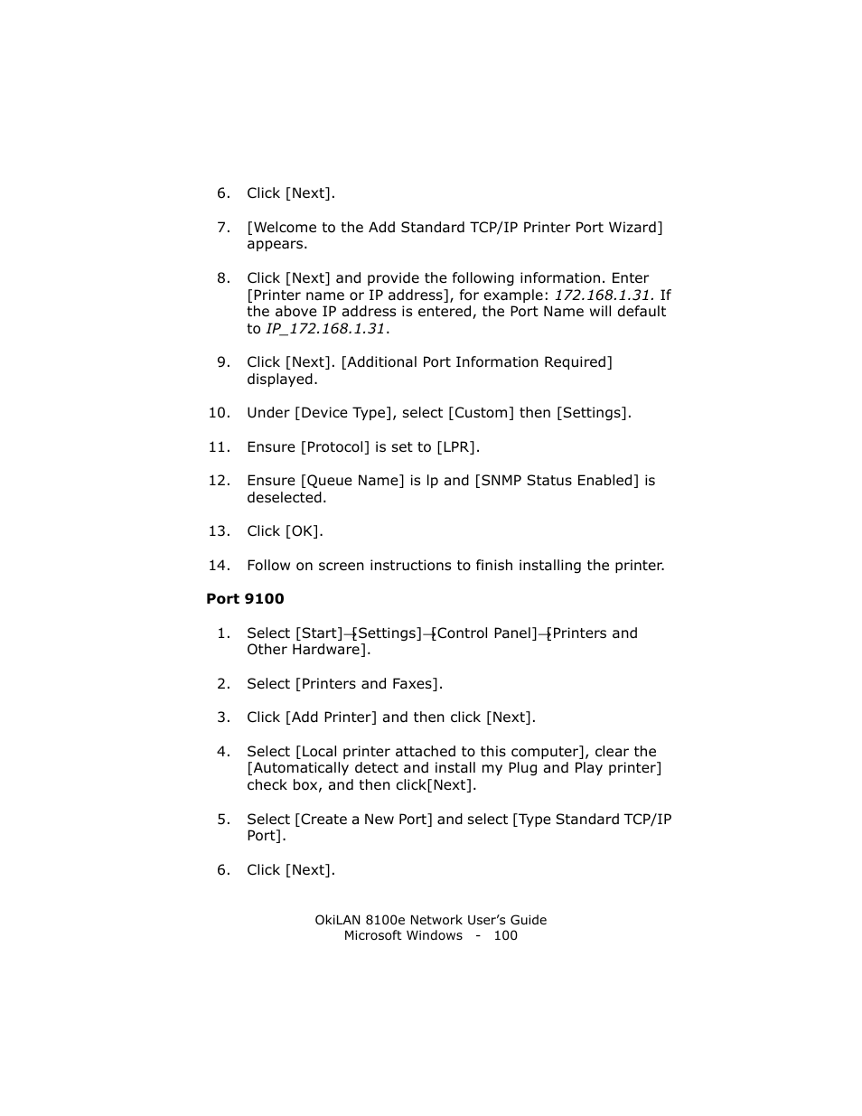 Port 9100 | Oki lan 8100e User Manual | Page 100 / 140