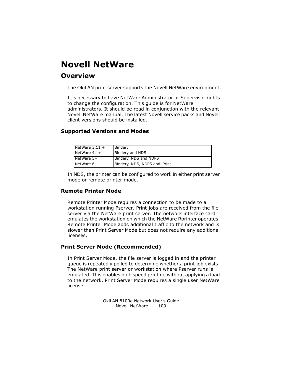 Novell netware, Overview, Supported versions and modes | Remote printer mode, Print server mode (recommended) | Oki lan 8100e User Manual | Page 109 / 140