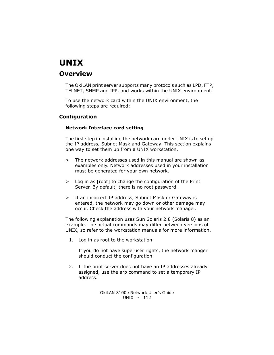 Unix, Overview, Configuration | Network interface card setting | Oki lan 8100e User Manual | Page 112 / 140