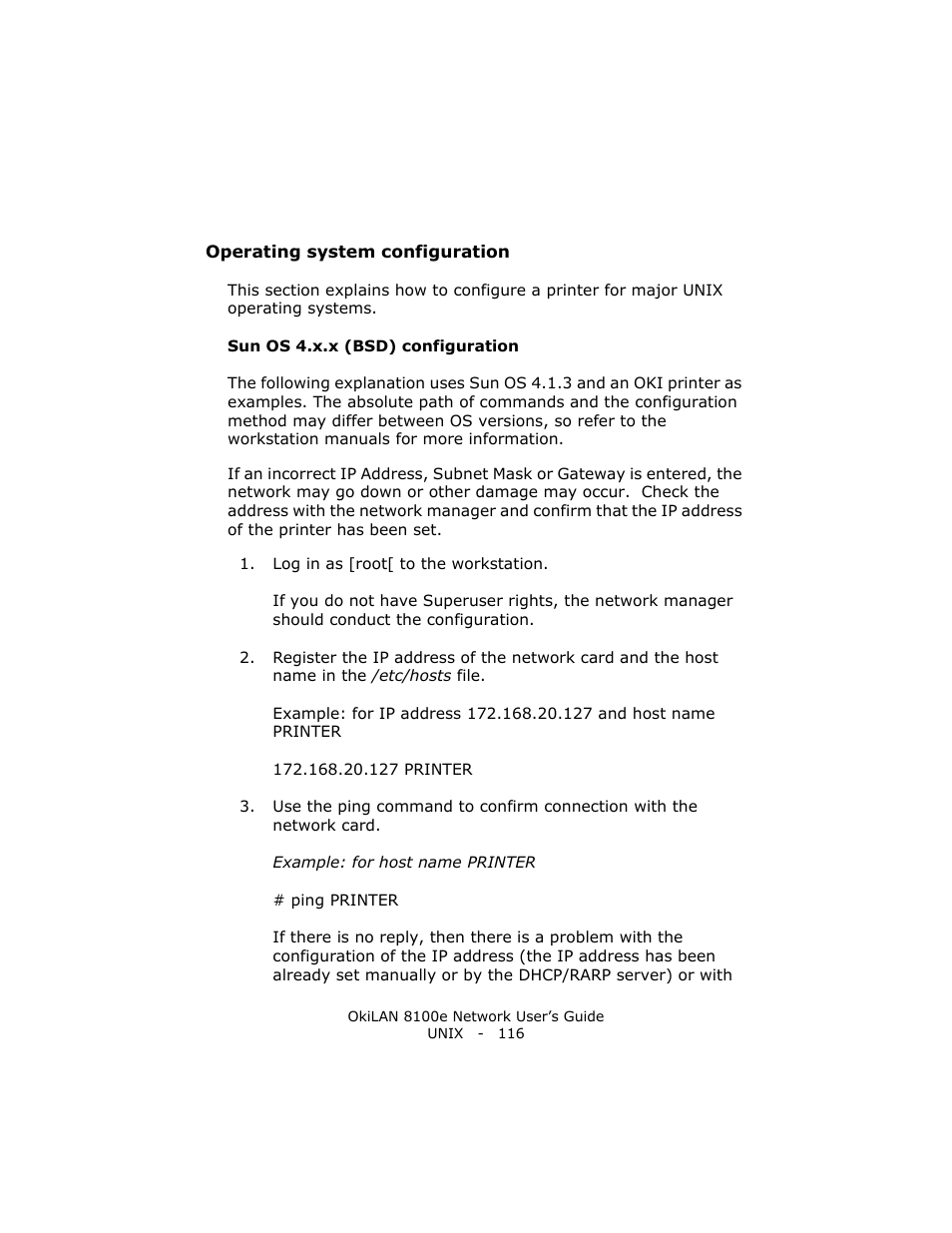 Operating system configuration, Sun os 4.x.x (bsd) configuration | Oki lan 8100e User Manual | Page 116 / 140