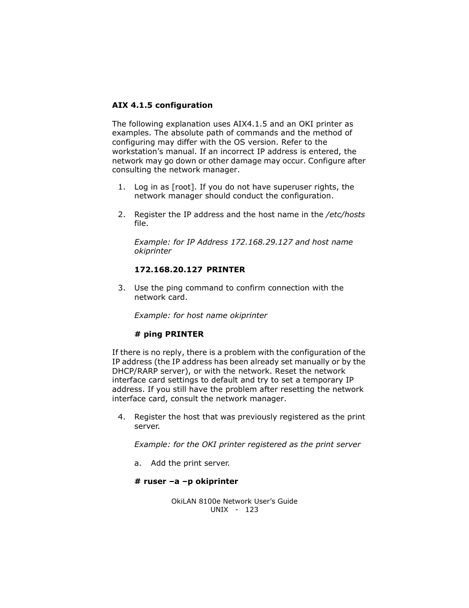 Aix 4.1.5 configuration | Oki lan 8100e User Manual | Page 123 / 140