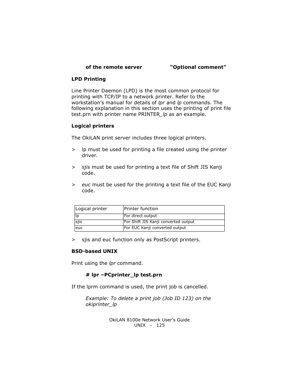Lpd printing, Logical printers, Bsd-based unix | Oki lan 8100e User Manual | Page 125 / 140