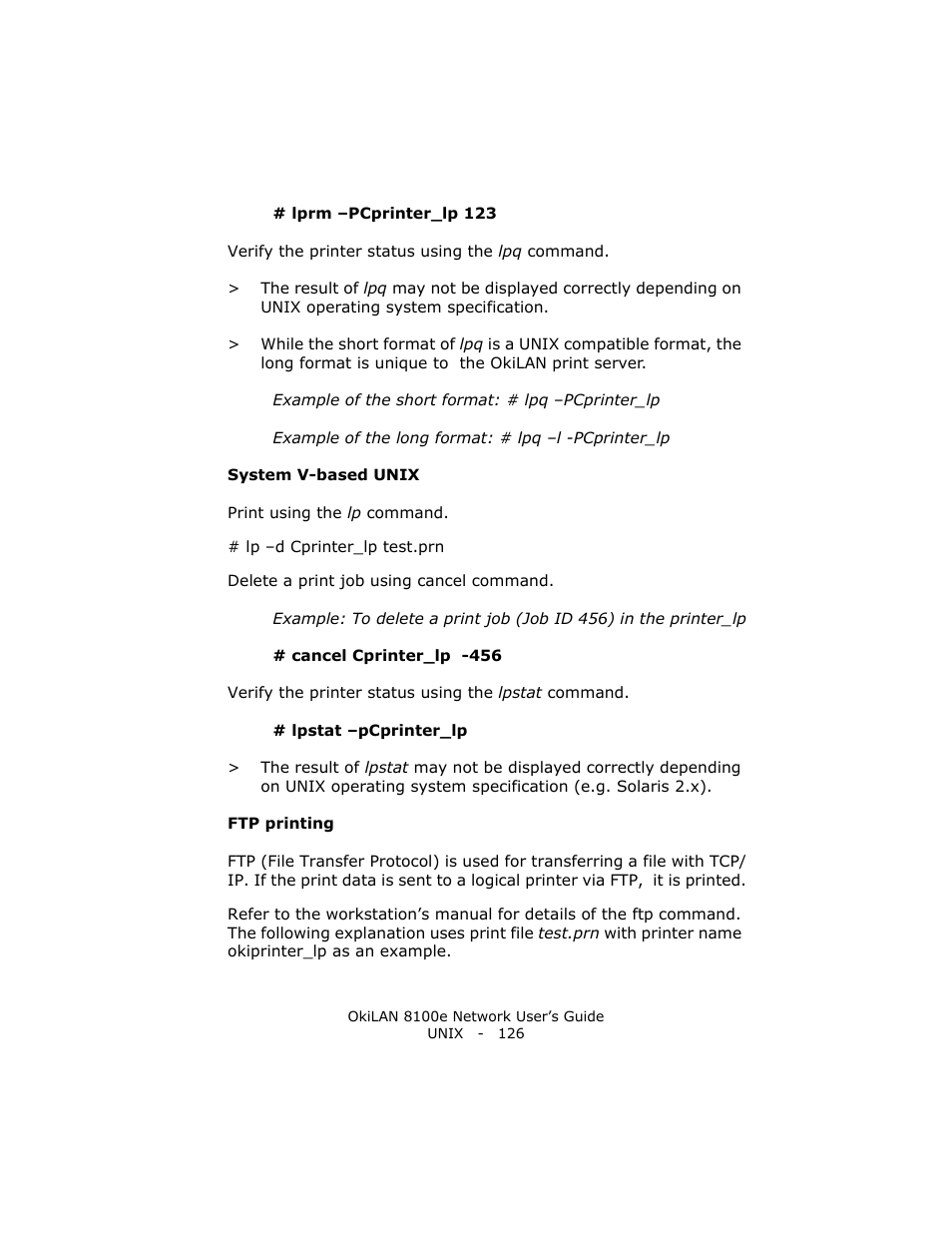 System v-based unix, Ftp printing | Oki lan 8100e User Manual | Page 126 / 140