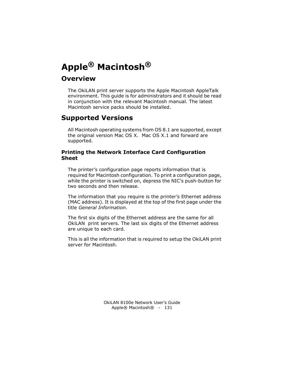 Apple® macintosh, Overview, Supported versions | Apple, Macintosh | Oki lan 8100e User Manual | Page 131 / 140