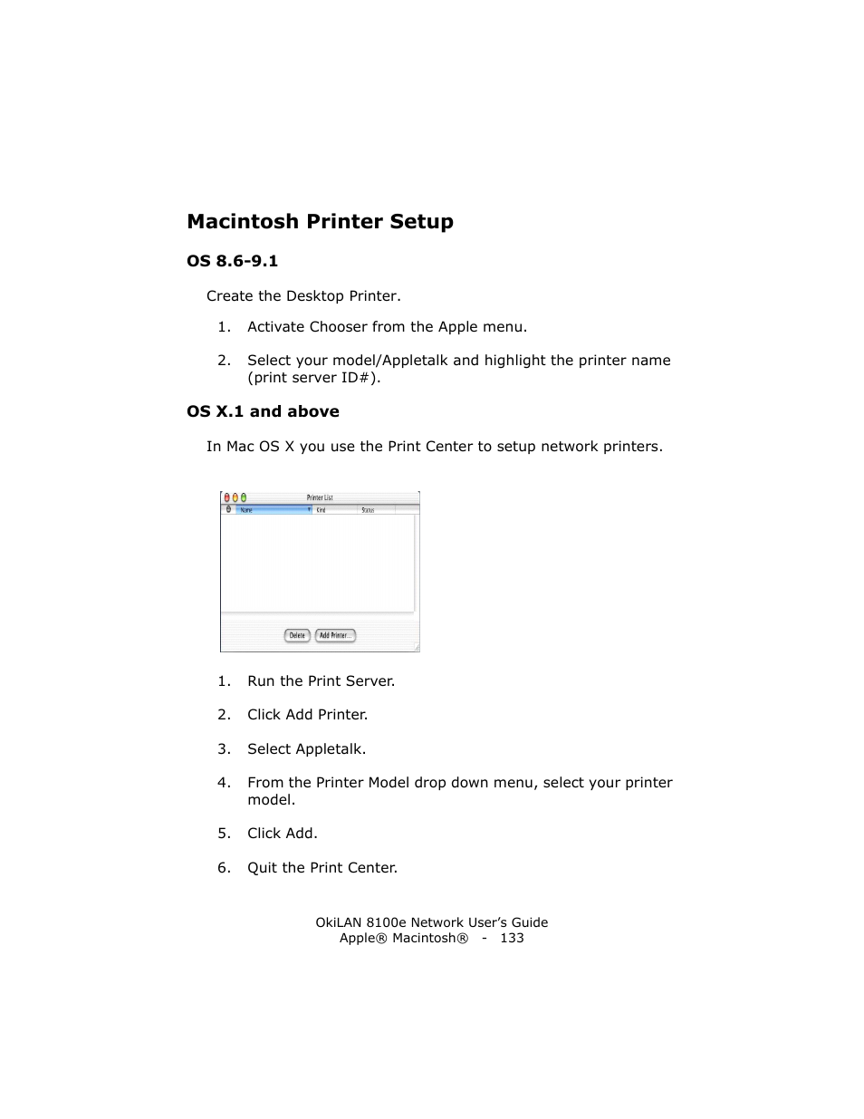 Macintosh printer setup, Os 8.6-9.1, Os x.1 and above | Oki lan 8100e User Manual | Page 133 / 140