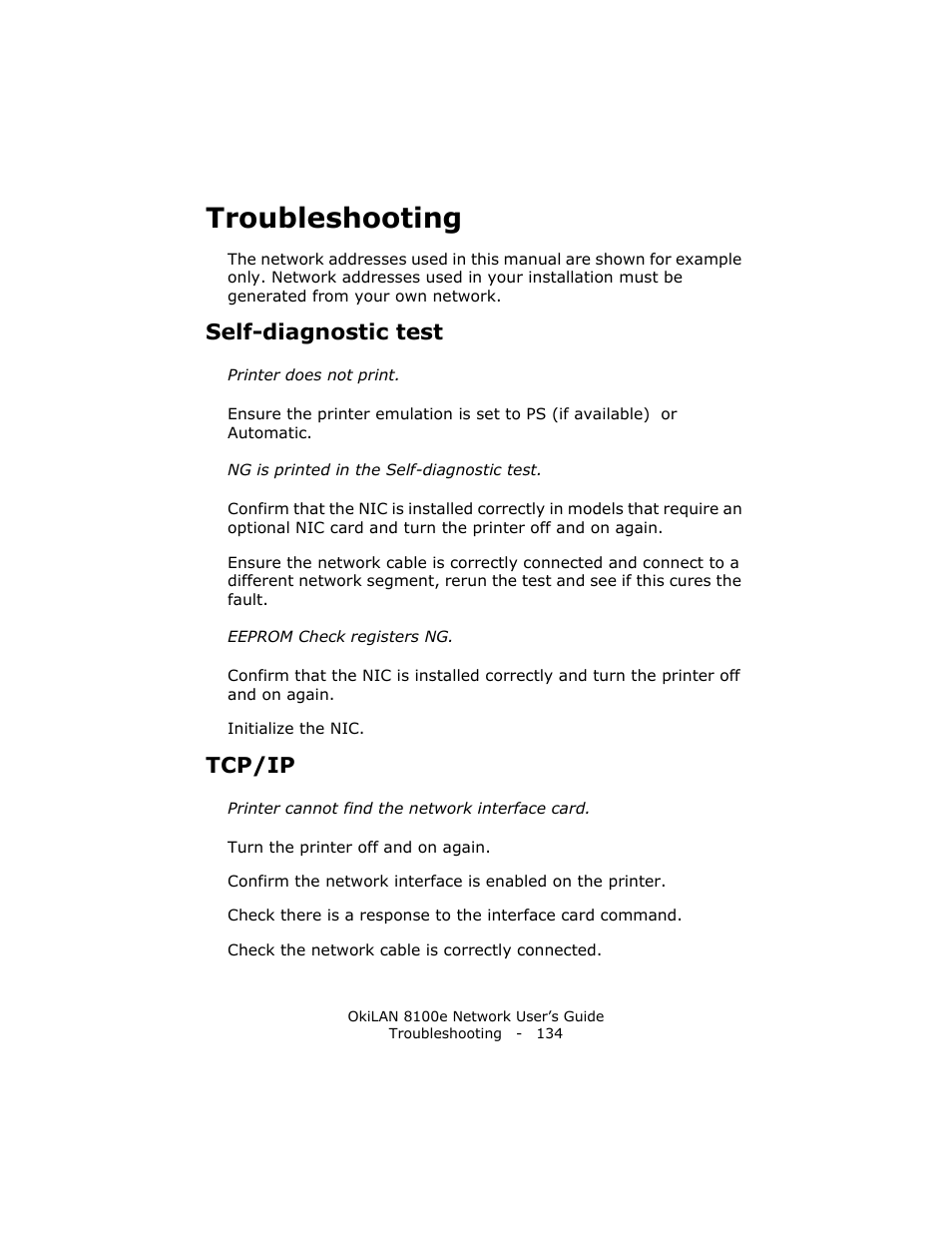 Troubleshooting, Self-diagnostic test, Tcp/ip | Oki lan 8100e User Manual | Page 134 / 140