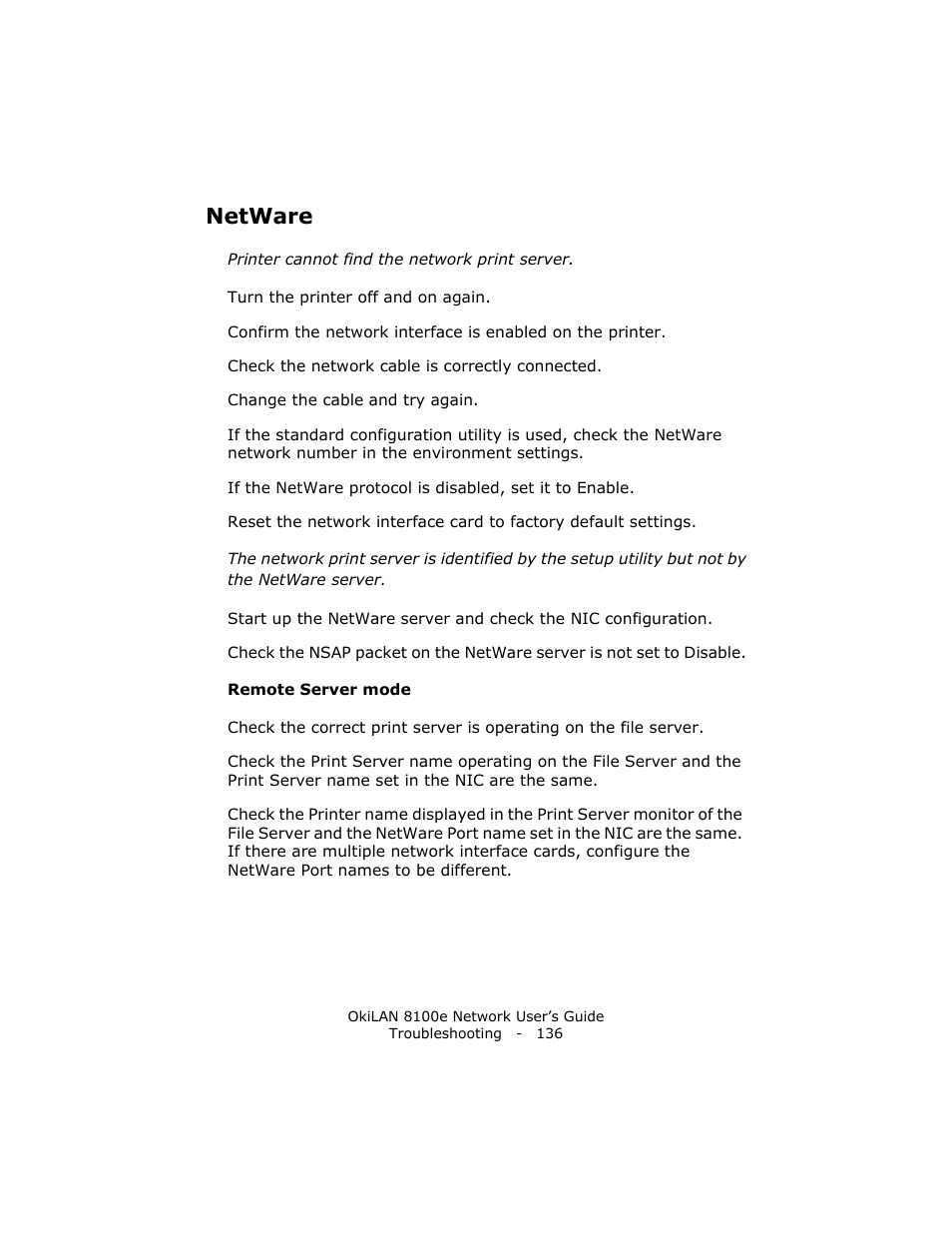 Netware, Remote server mode | Oki lan 8100e User Manual | Page 136 / 140