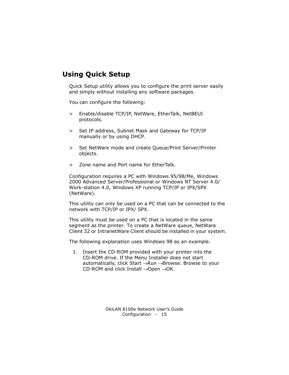 Using quick setup | Oki lan 8100e User Manual | Page 15 / 140