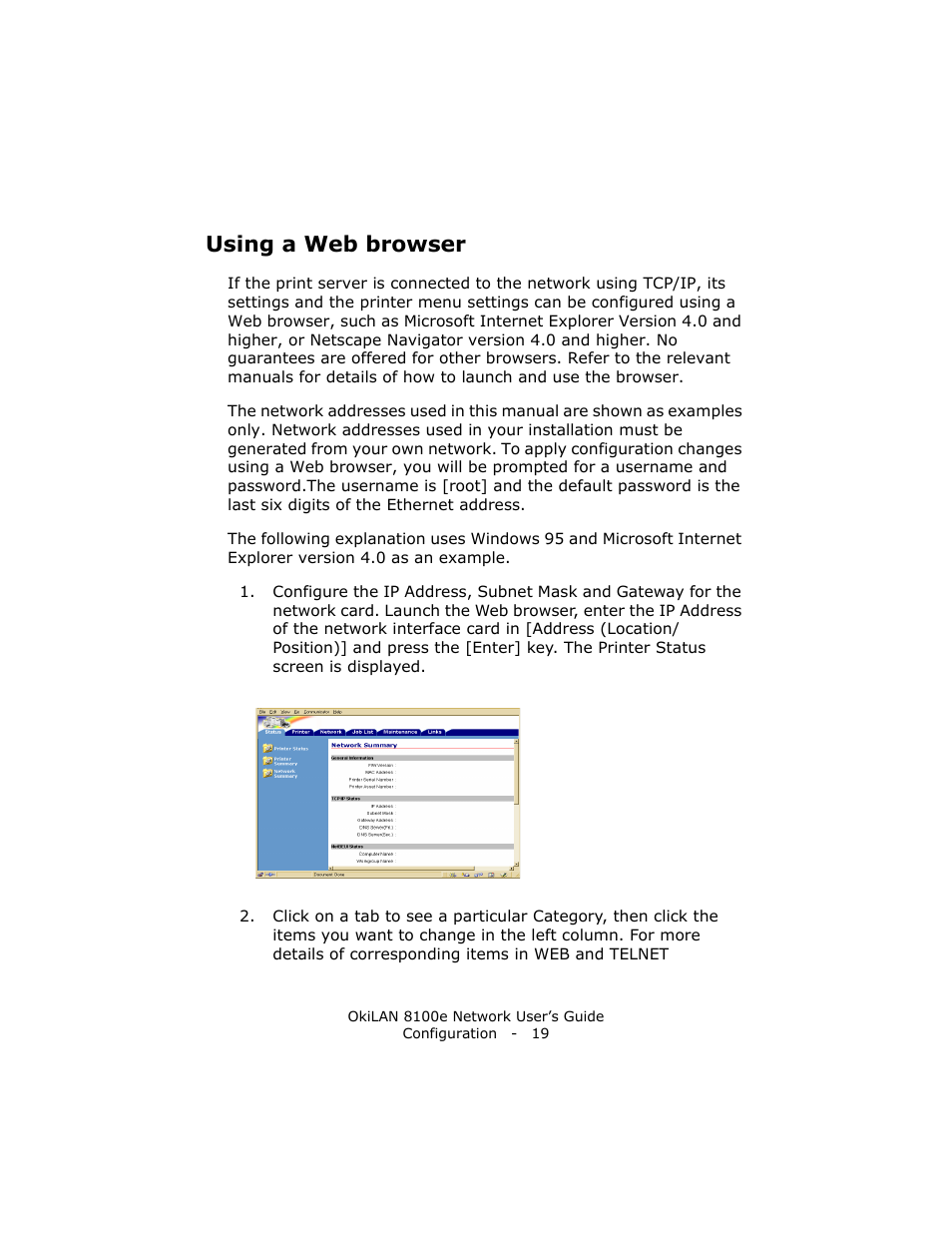 Using a web browser | Oki lan 8100e User Manual | Page 19 / 140