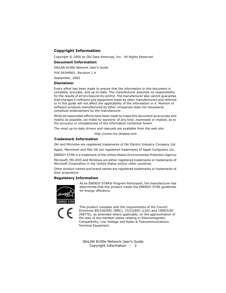 Copyright information, Document information, Disclaimer | Trademark information, Regulatory information | Oki lan 8100e User Manual | Page 2 / 140