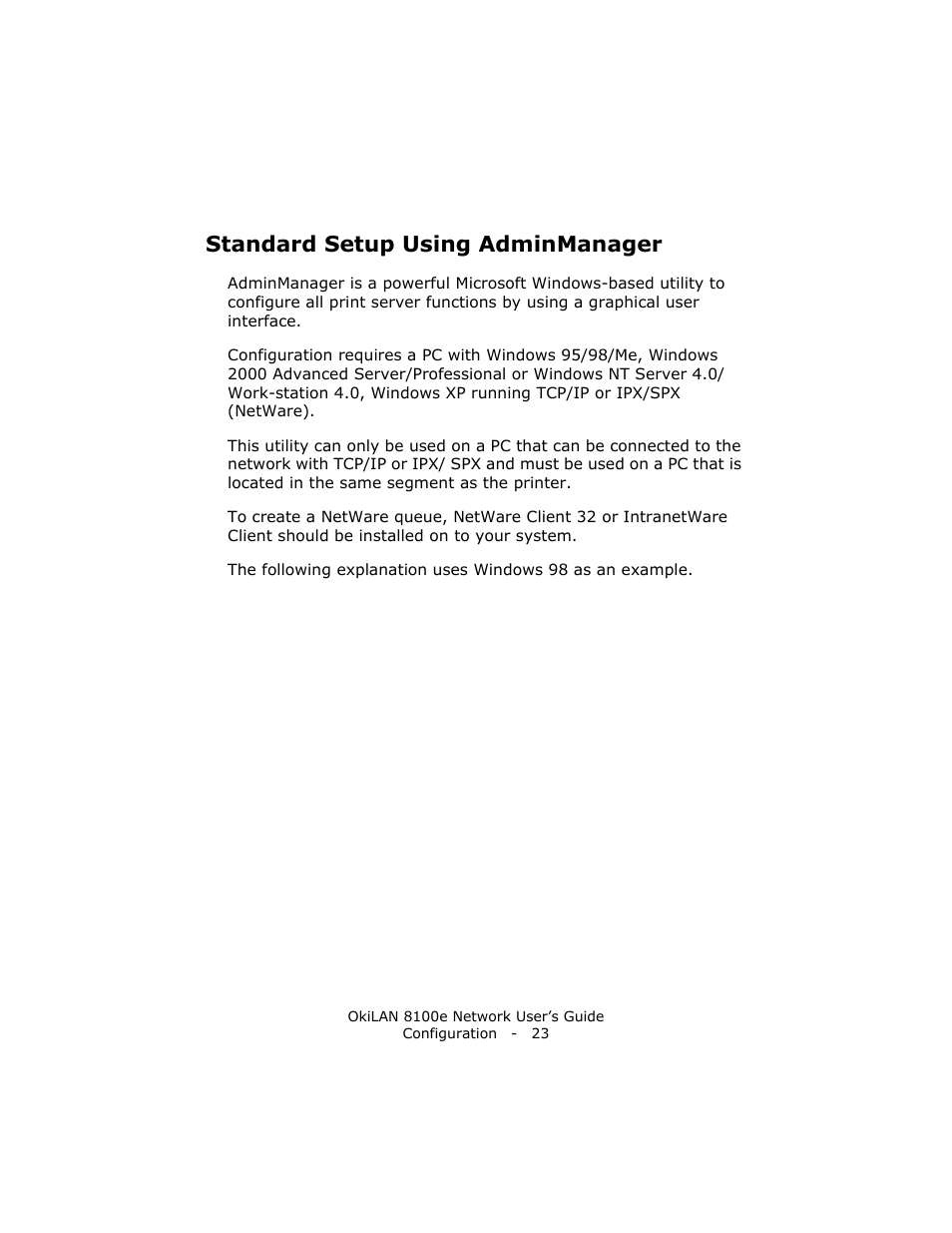 Standard setup using adminmanager | Oki lan 8100e User Manual | Page 23 / 140