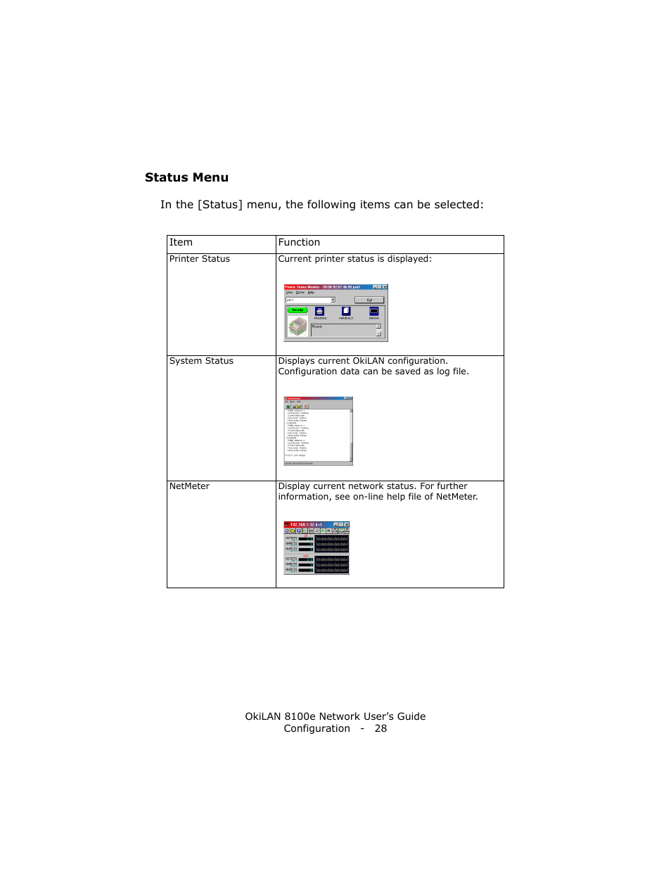 Status menu | Oki lan 8100e User Manual | Page 28 / 140