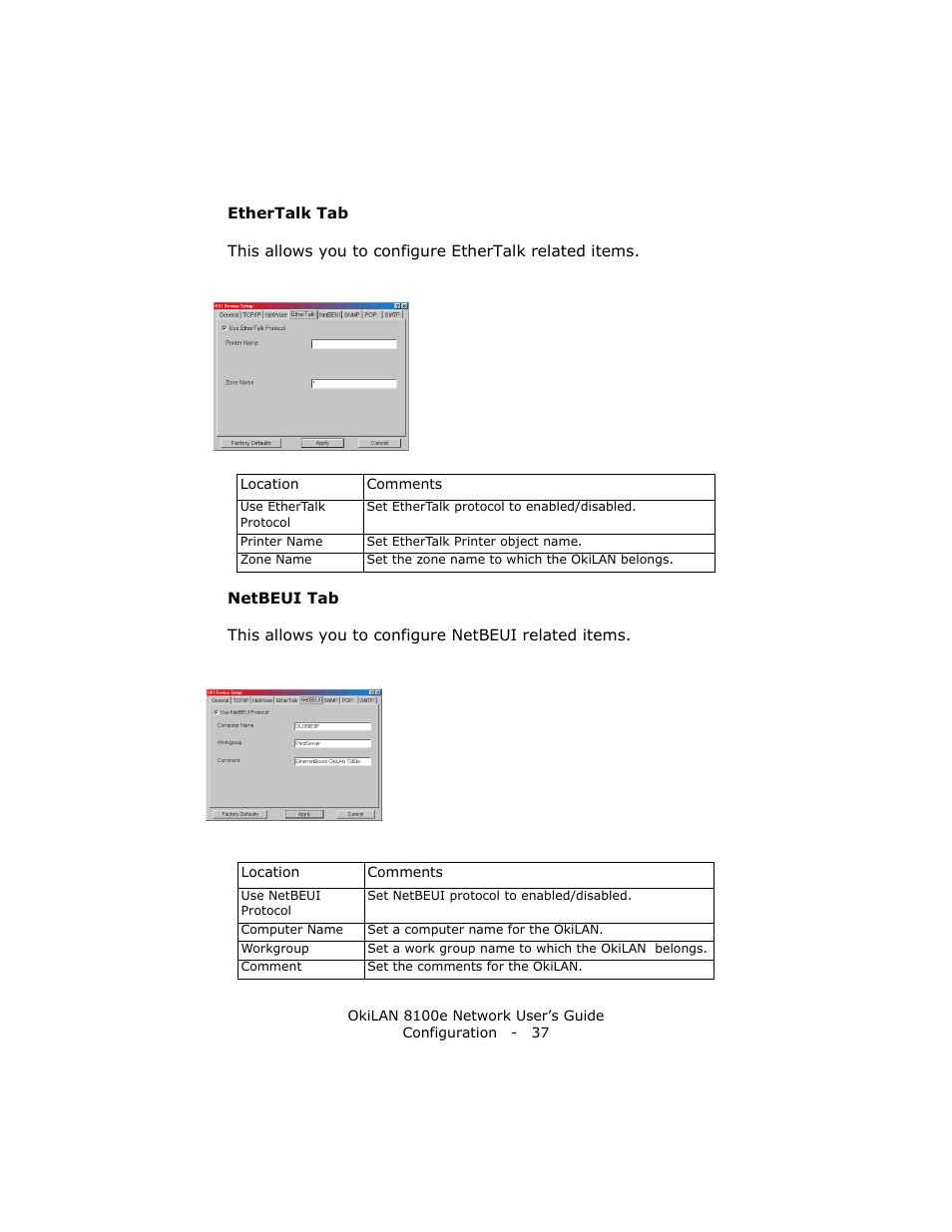 Ethertalk tab, Netbeui tab | Oki lan 8100e User Manual | Page 37 / 140