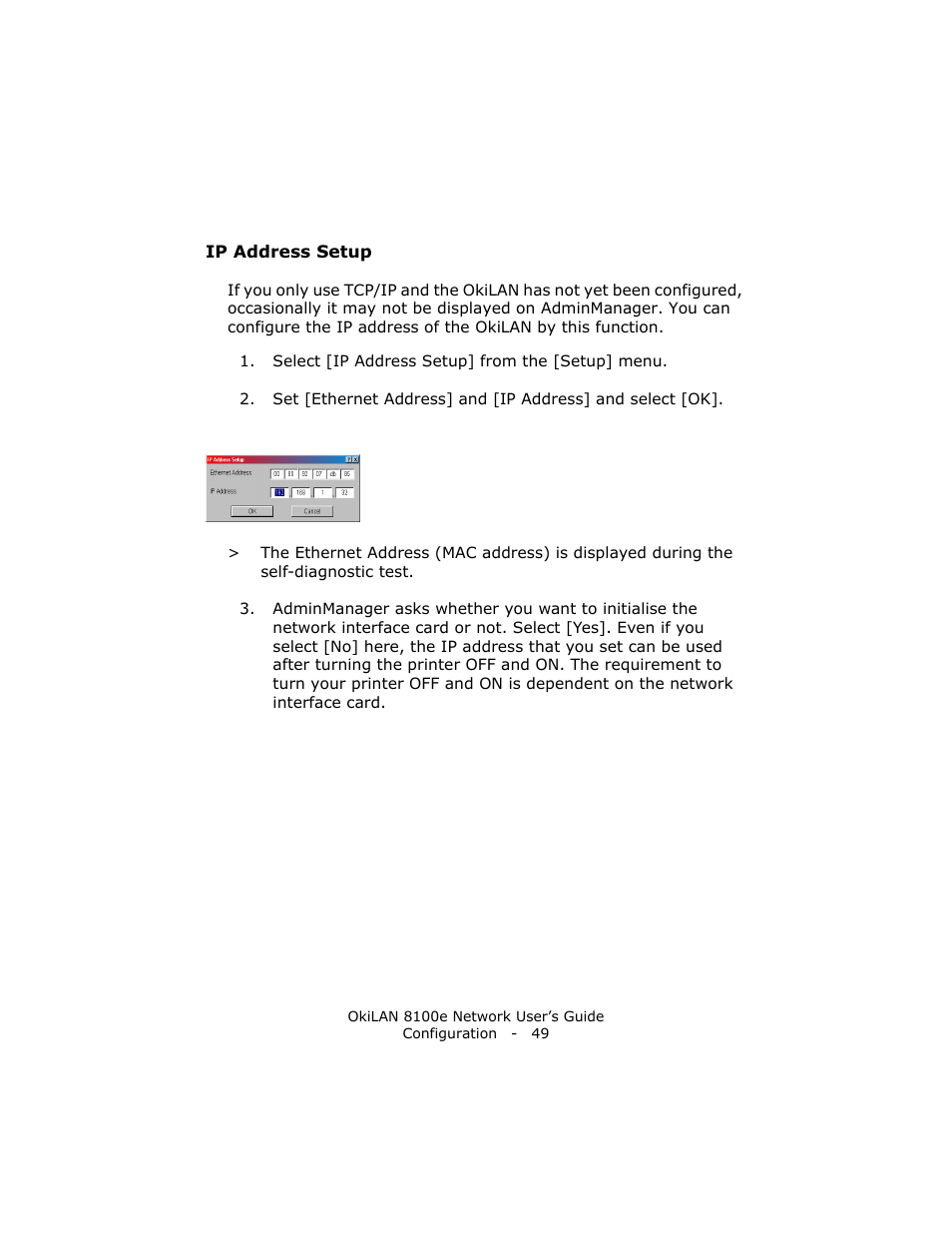 Ip address setup | Oki lan 8100e User Manual | Page 49 / 140