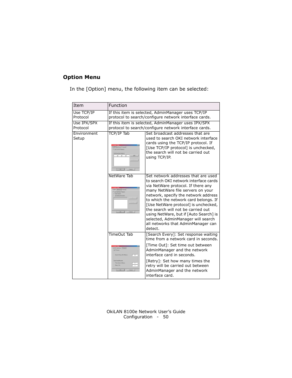 Option menu | Oki lan 8100e User Manual | Page 50 / 140