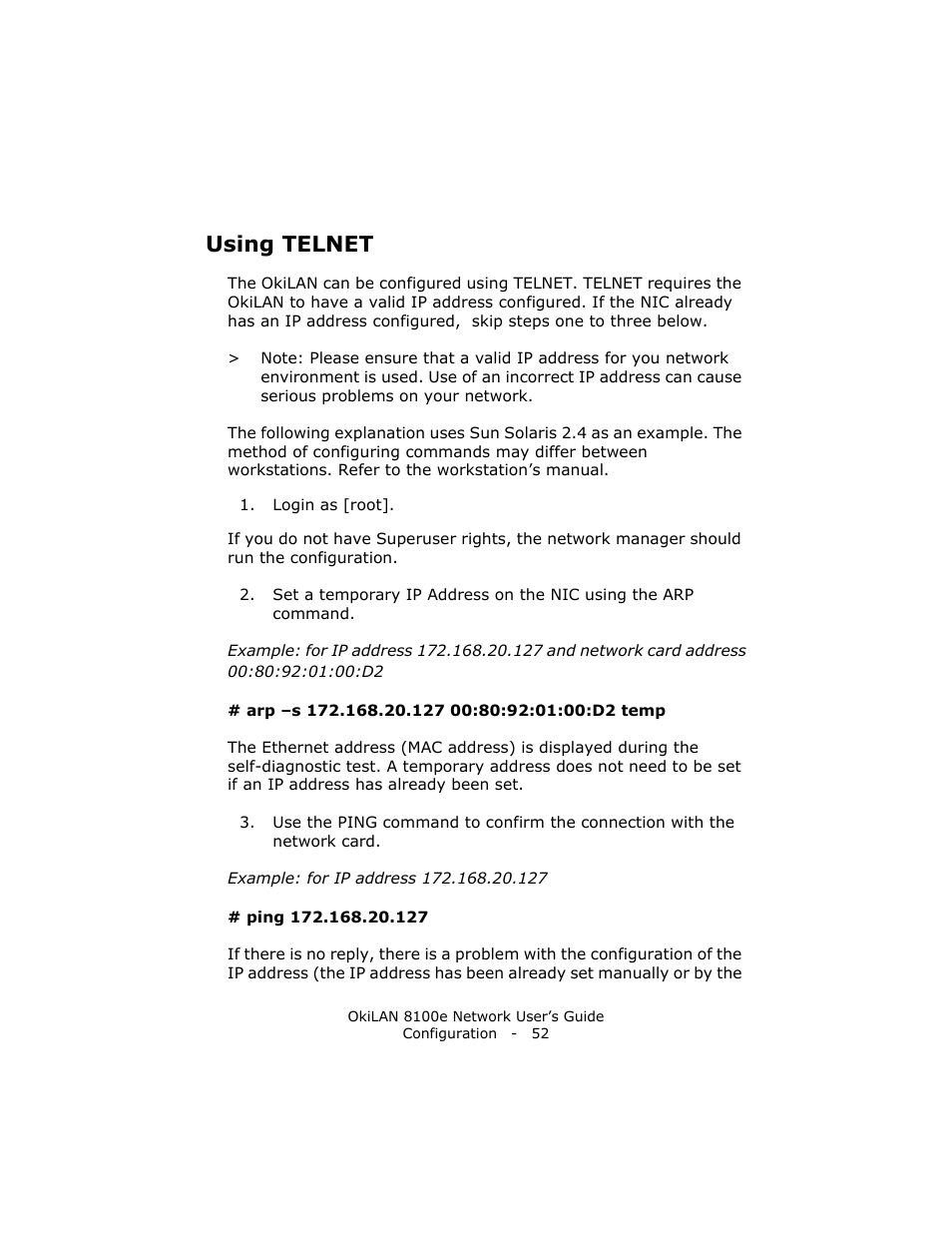 Using telnet | Oki lan 8100e User Manual | Page 52 / 140