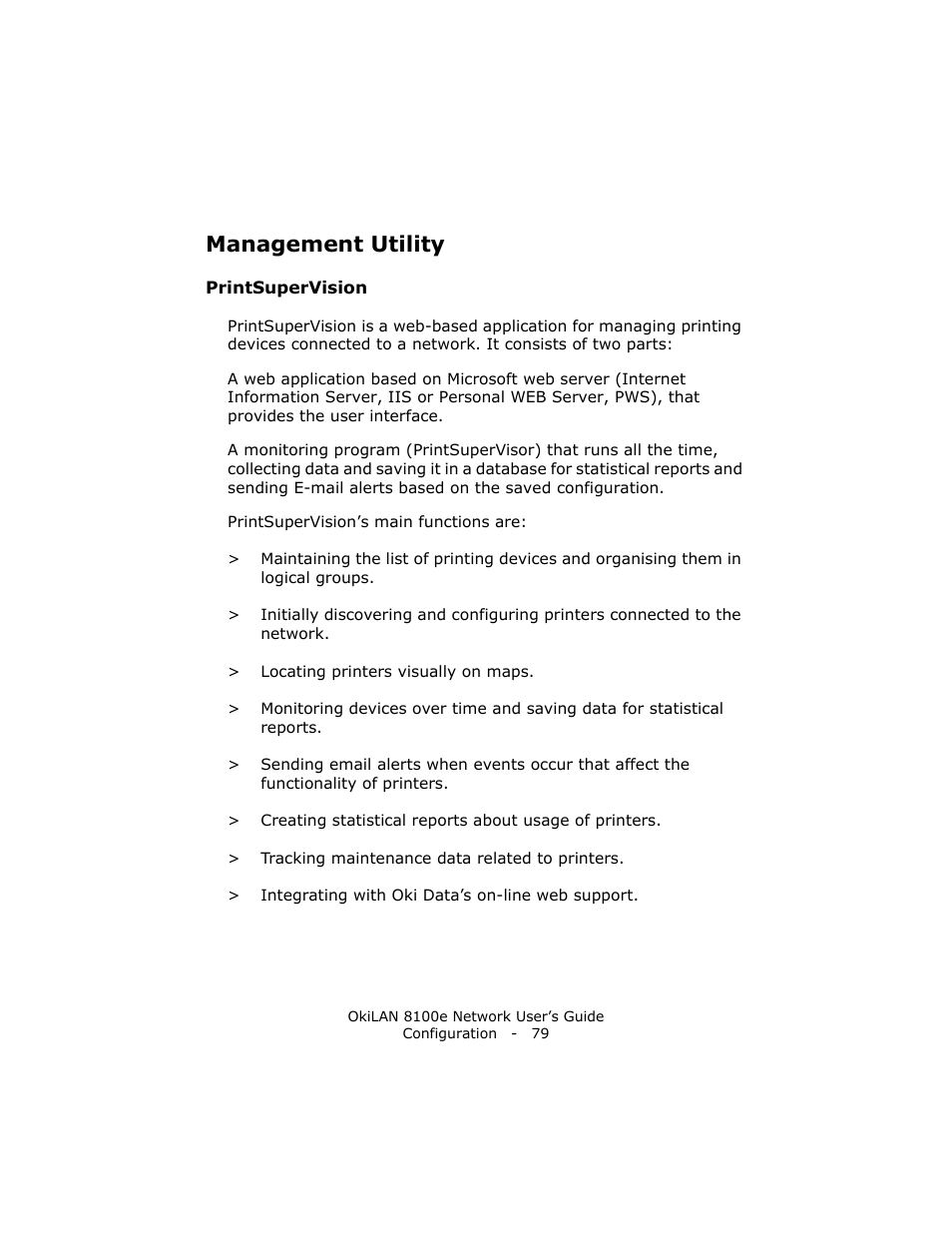 Management utility, Printsupervision | Oki lan 8100e User Manual | Page 79 / 140