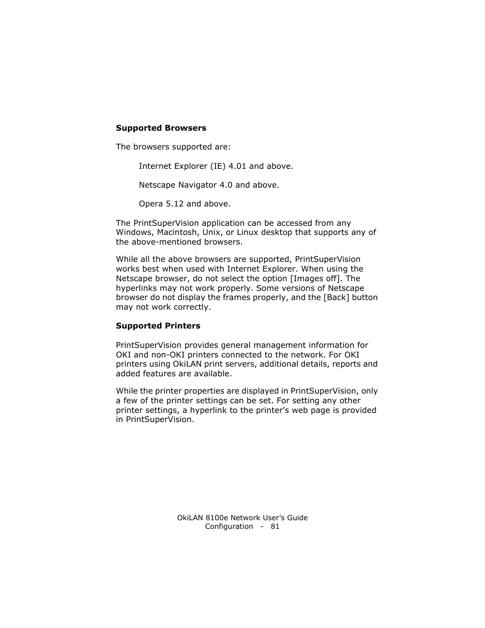 Supported browsers, Supported printers | Oki lan 8100e User Manual | Page 81 / 140