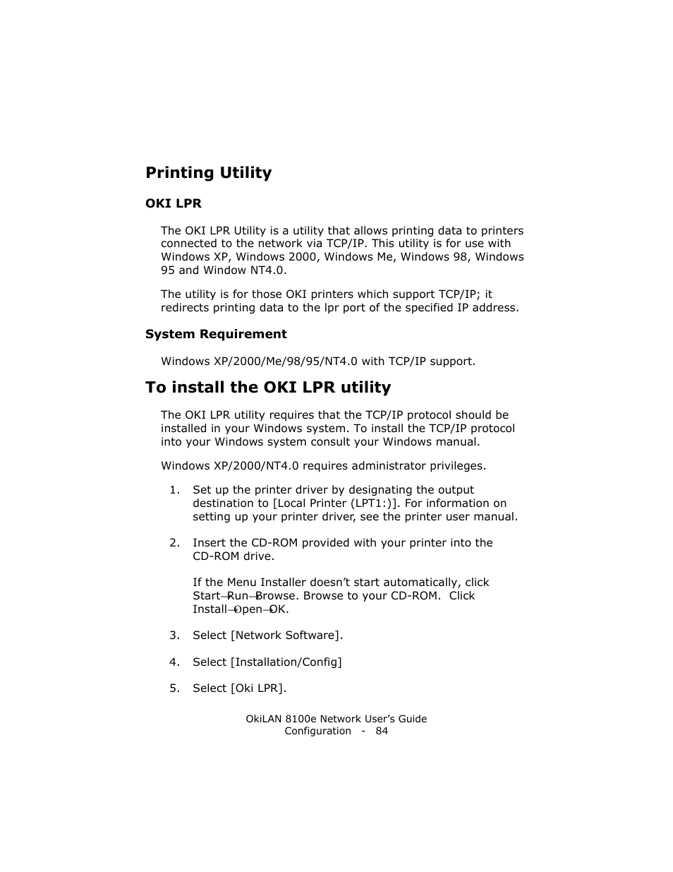 Printing utility, Oki lpr, System requirement | To install the oki lpr utility | Oki lan 8100e User Manual | Page 84 / 140