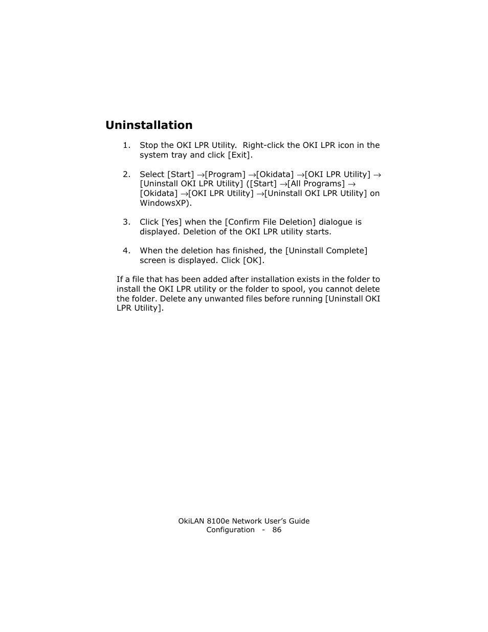 Uninstallation | Oki lan 8100e User Manual | Page 86 / 140