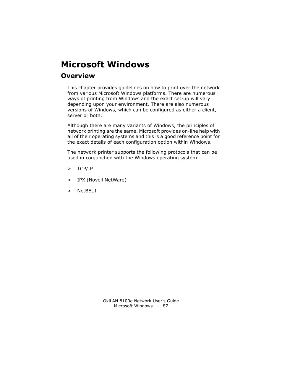 Microsoft windows, Overview | Oki lan 8100e User Manual | Page 87 / 140