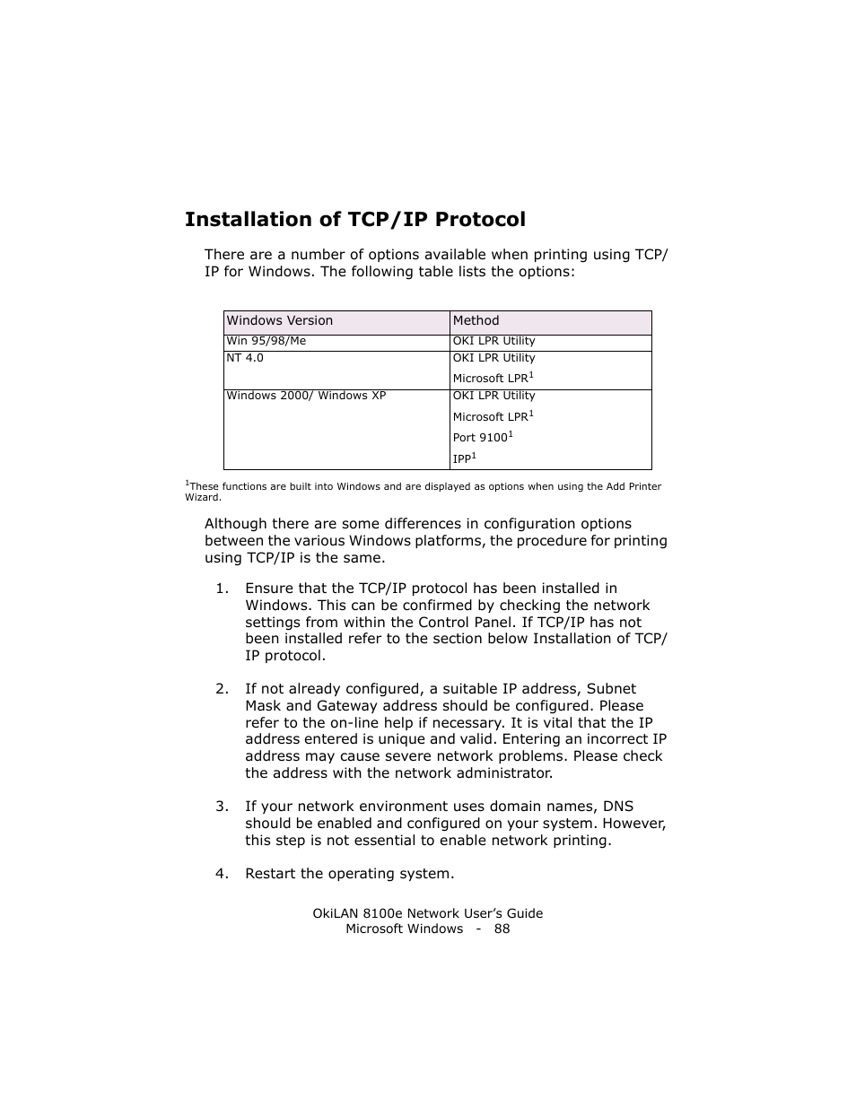 Installation of tcp/ip protocol | Oki lan 8100e User Manual | Page 88 / 140