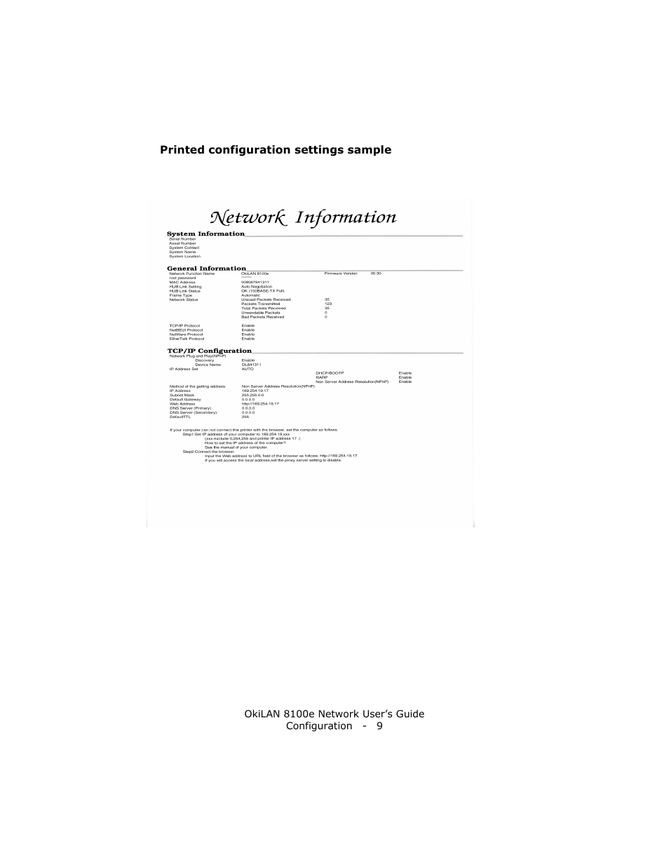Printed configuration settings sample | Oki lan 8100e User Manual | Page 9 / 140