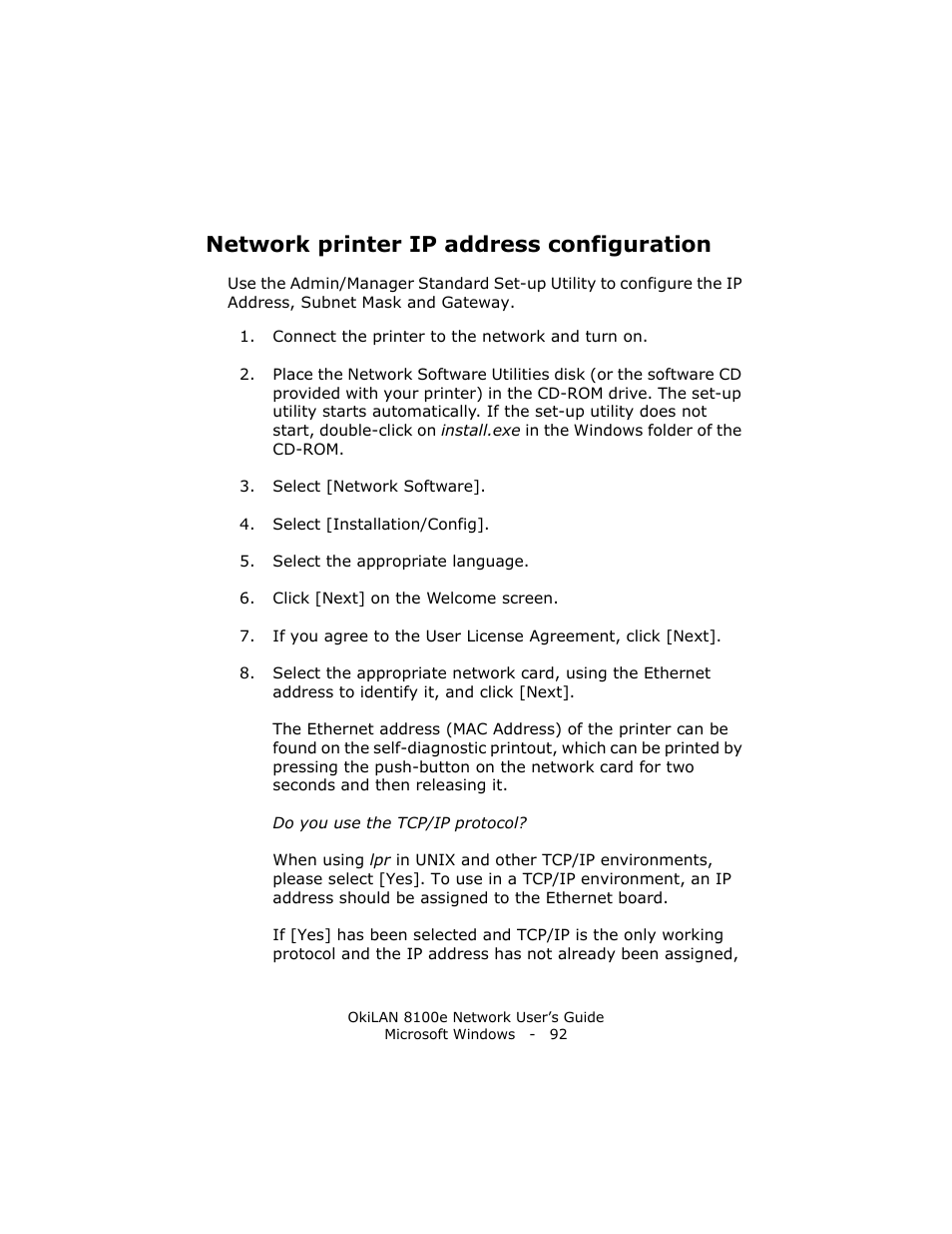 Network printer ip address configuration | Oki lan 8100e User Manual | Page 92 / 140