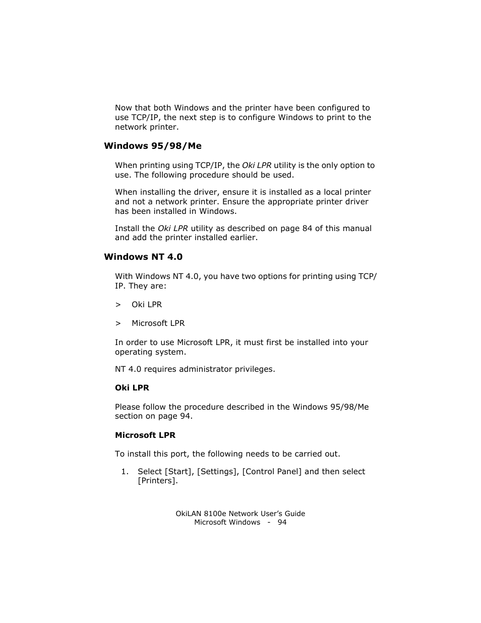 Windows 95/98/me, Windows nt 4.0, Oki lpr | Microsoft lpr | Oki lan 8100e User Manual | Page 94 / 140