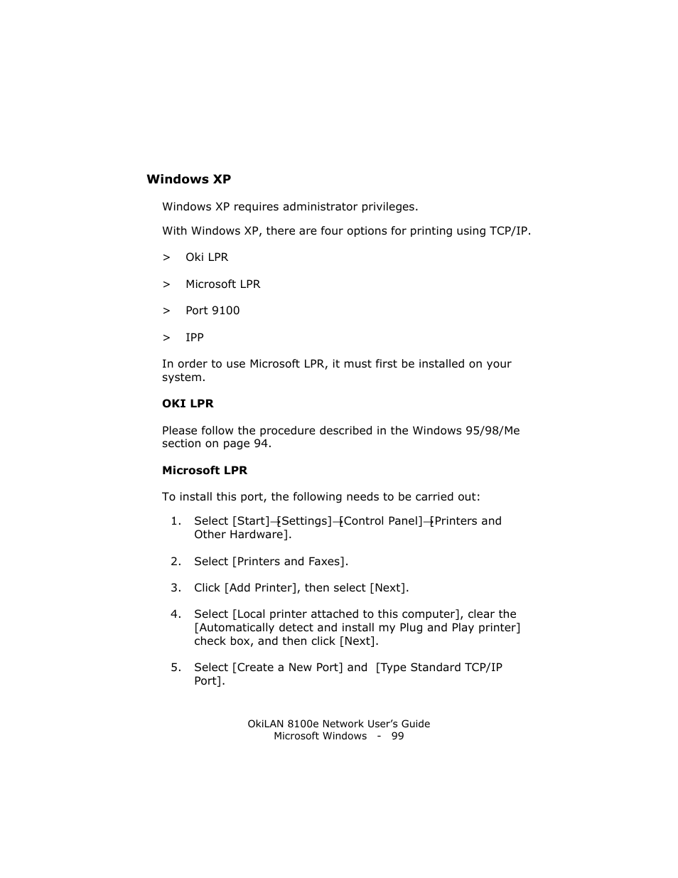 Windows xp, Oki lpr | Oki lan 8100e User Manual | Page 99 / 140