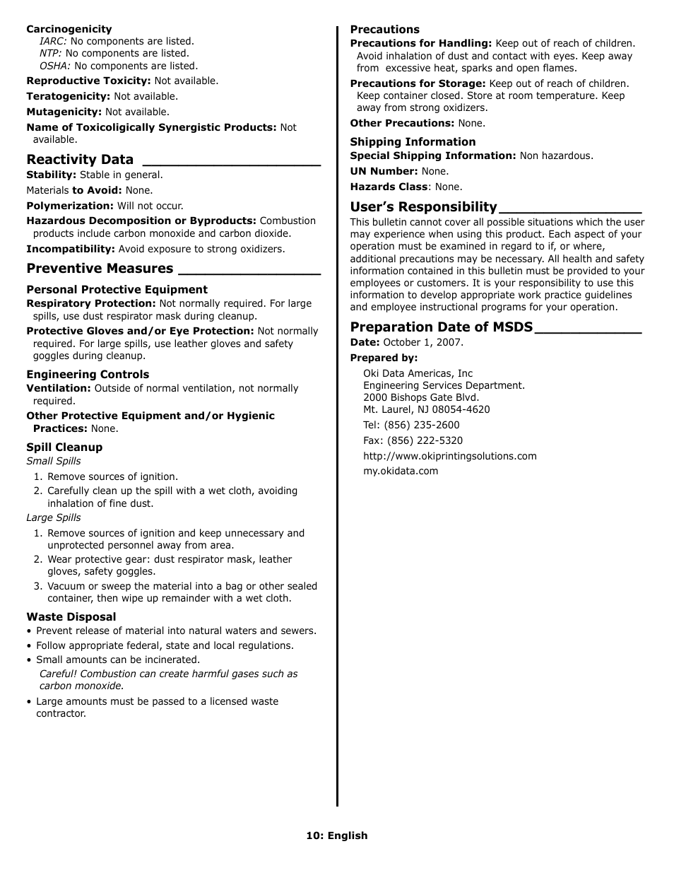 Reactivity data, Preventive measures, User’s responsibility | Preparation date of msds | Oki C 9650n User Manual | Page 10 / 52