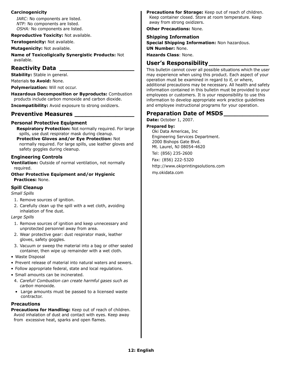 Reactivity data, Preventive measures, User’s responsibility | Preparation date of msds | Oki C 9650n User Manual | Page 12 / 52