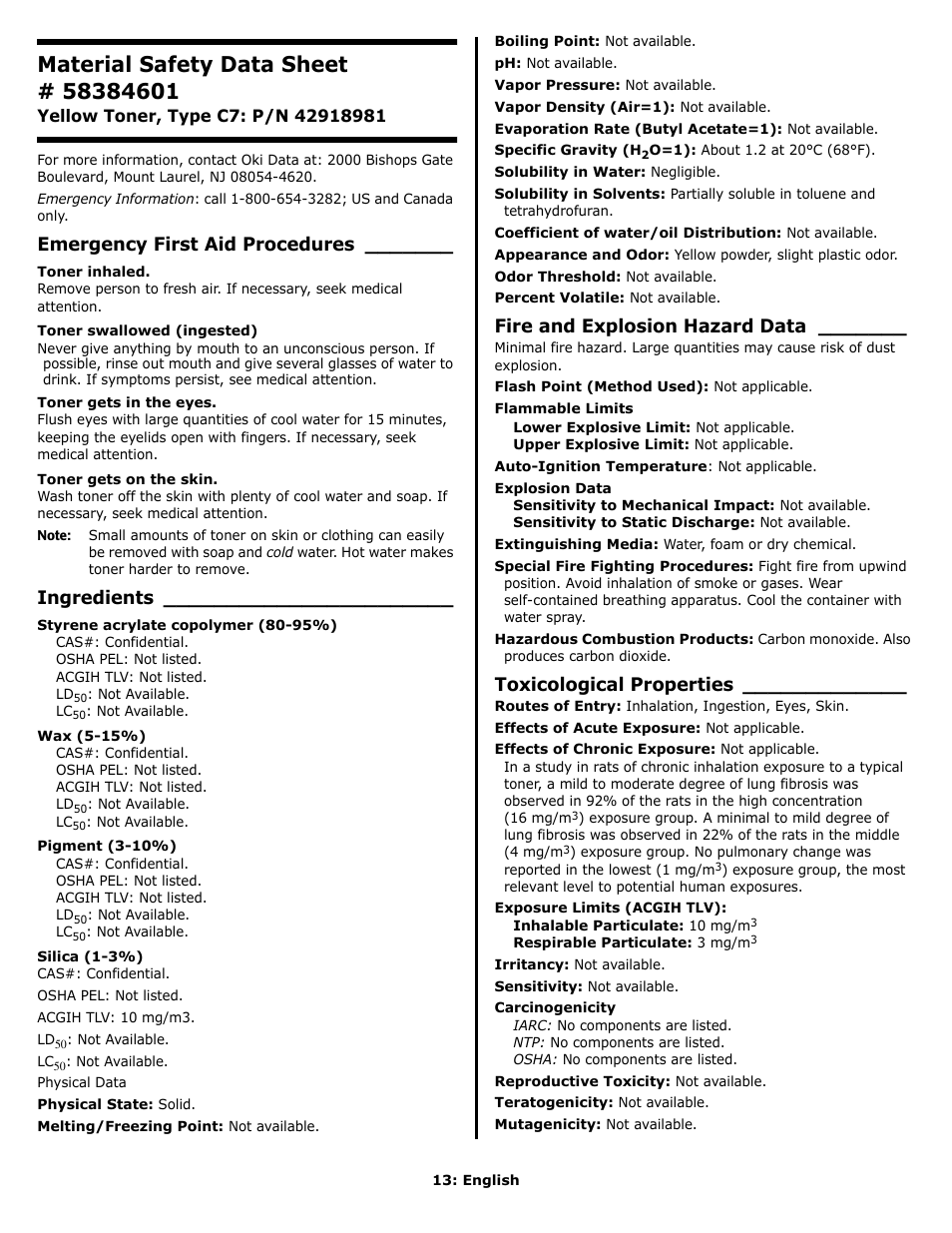 Emergency first aid procedures, Ingredients, Fire and explosion hazard data | Toxicological properties | Oki C 9650n User Manual | Page 13 / 52