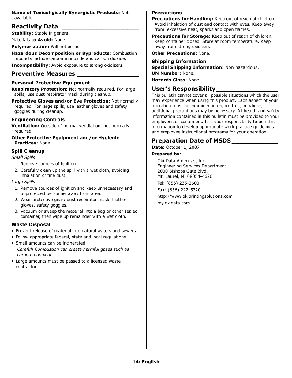 Reactivity data, Preventive measures, User’s responsibility | Preparation date of msds | Oki C 9650n User Manual | Page 14 / 52