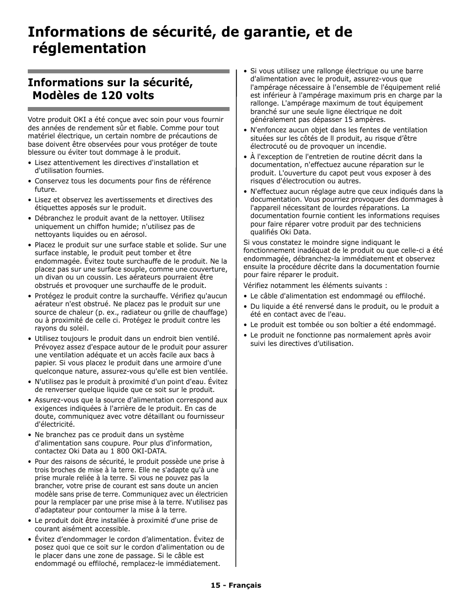 Informations sur la sécurité, modèles de 120 volts | Oki C 9650n User Manual | Page 15 / 52