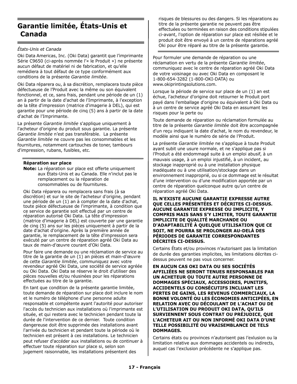 Garantie limitée, états-unis et canada | Oki C 9650n User Manual | Page 17 / 52