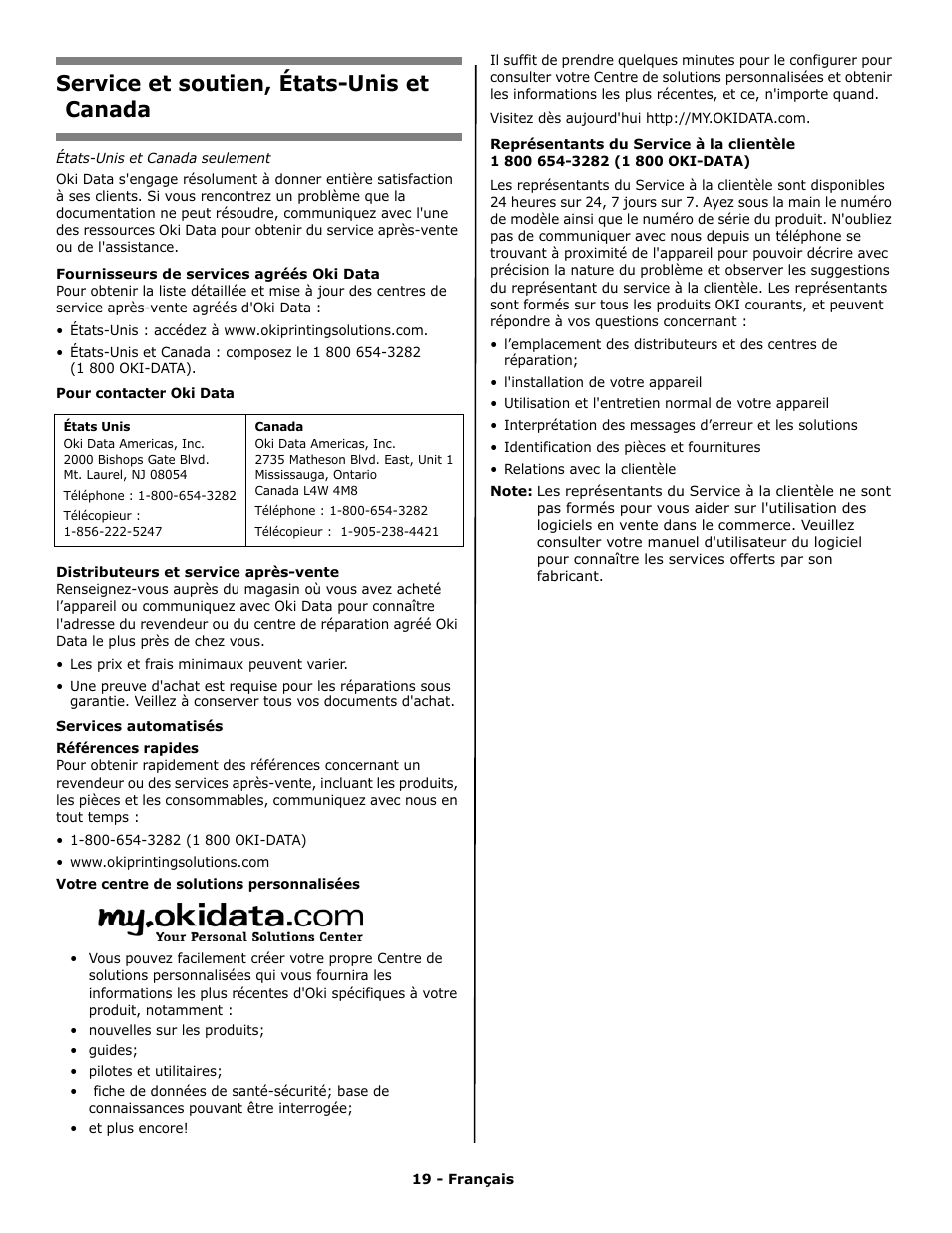 Service et soutien, états-unis et canada | Oki C 9650n User Manual | Page 19 / 52