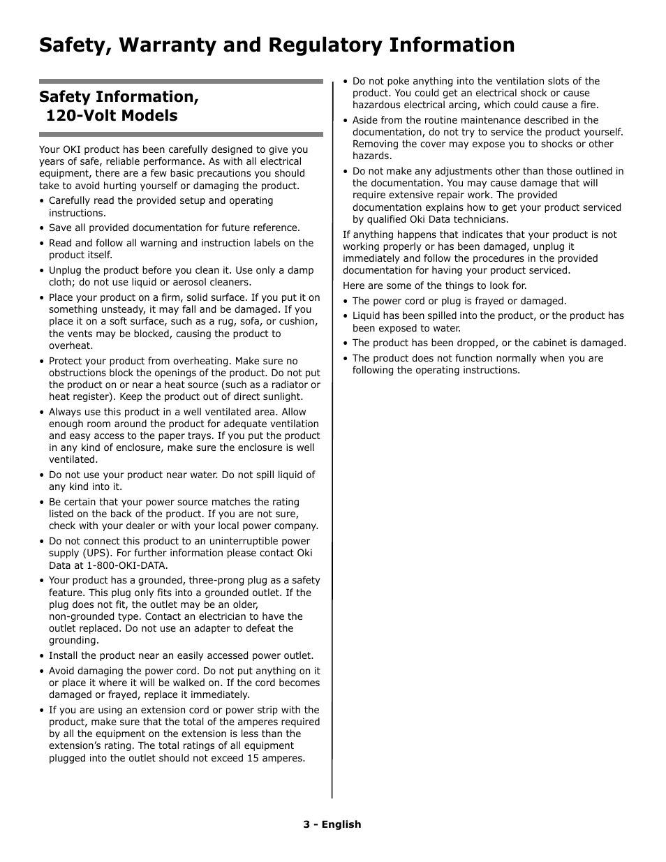 Safety, warranty and regulatory information, Safety information, 120-volt models | Oki C 9650n User Manual | Page 2 / 52