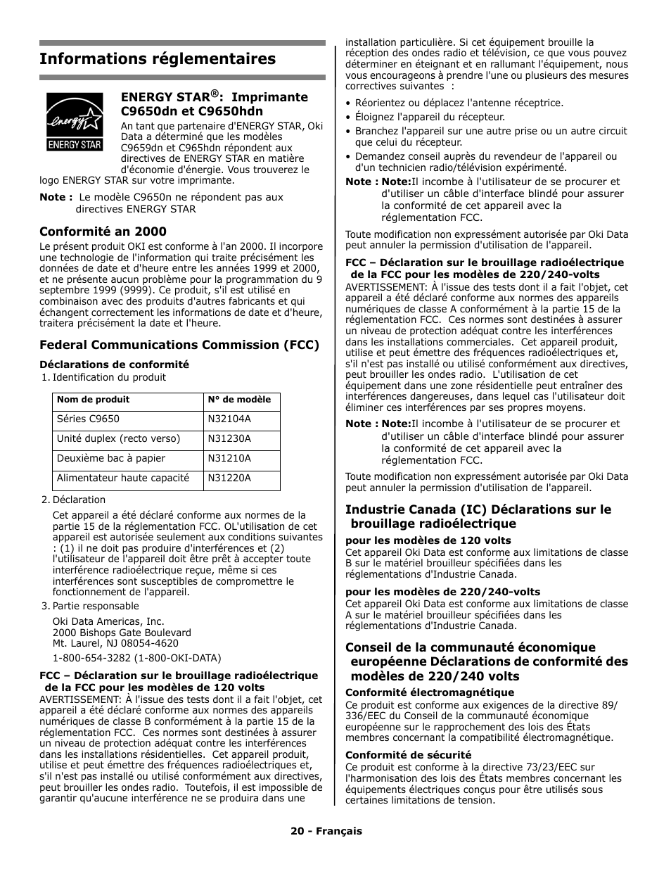 Informations réglementaires | Oki C 9650n User Manual | Page 20 / 52