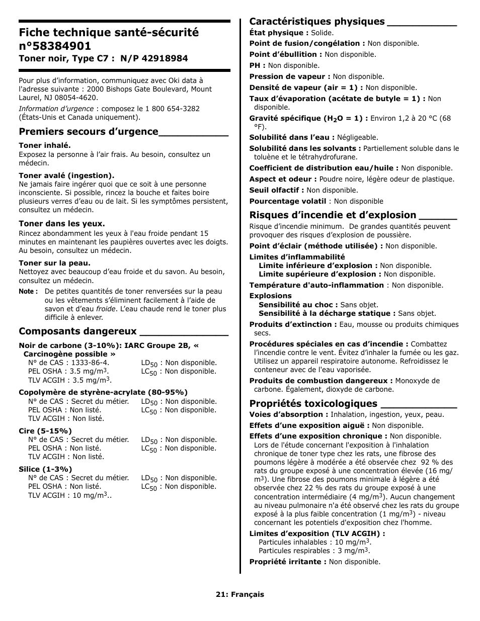 Fiche technique santé-sécurité, Premiers secours d’urgence, Composants dangereux | Caractéristiques physiques, Risques d’incendie et d’explosion, Propriétés toxicologiques | Oki C 9650n User Manual | Page 21 / 52