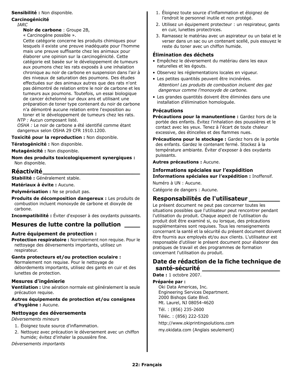 Réactivité, Mesures de lutte contre la pollution, Responsabilités de l'utilisateur | Oki C 9650n User Manual | Page 22 / 52