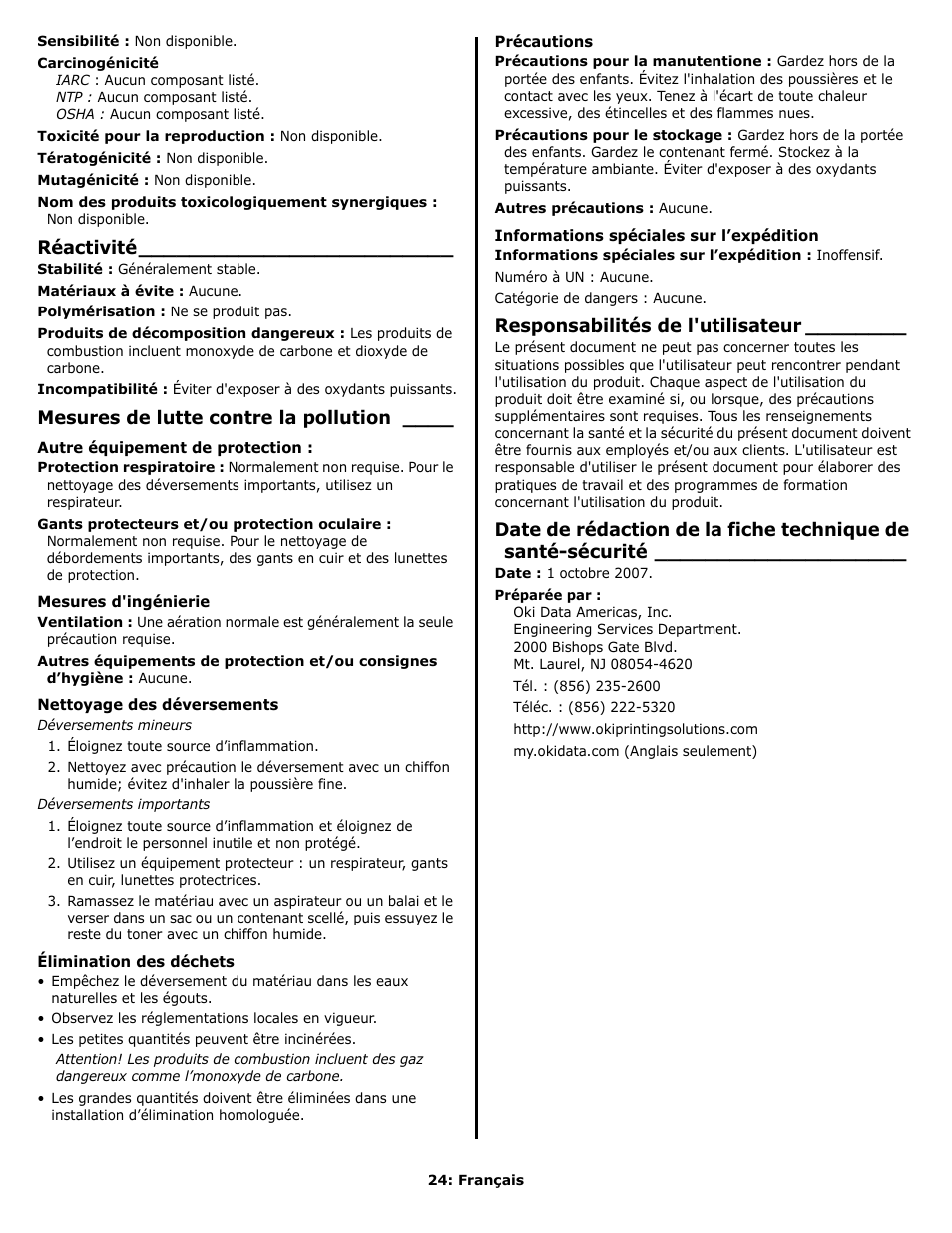 Réactivité, Mesures de lutte contre la pollution, Responsabilités de l'utilisateur | Oki C 9650n User Manual | Page 24 / 52