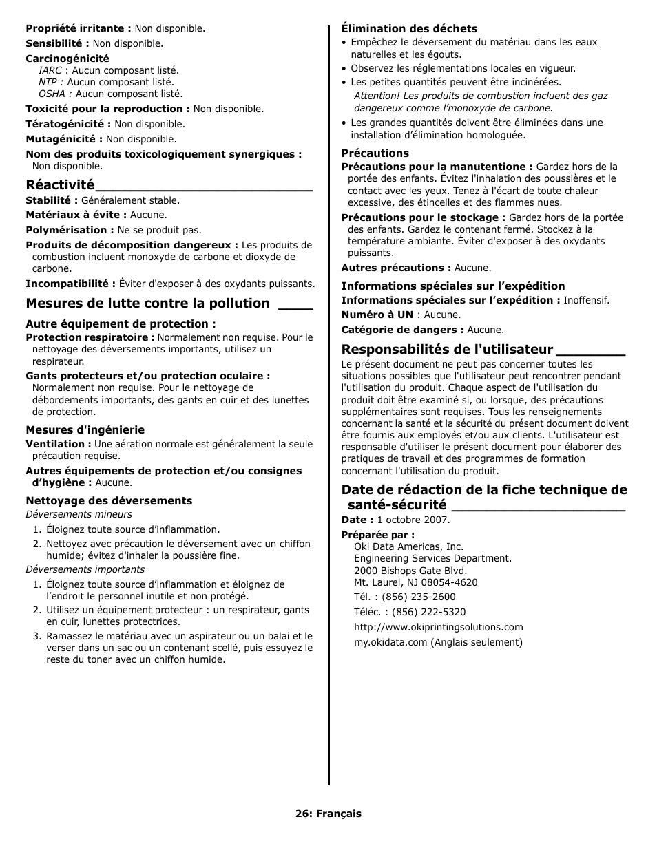 Réactivité, Mesures de lutte contre la pollution, Responsabilités de l'utilisateur | Oki C 9650n User Manual | Page 26 / 52